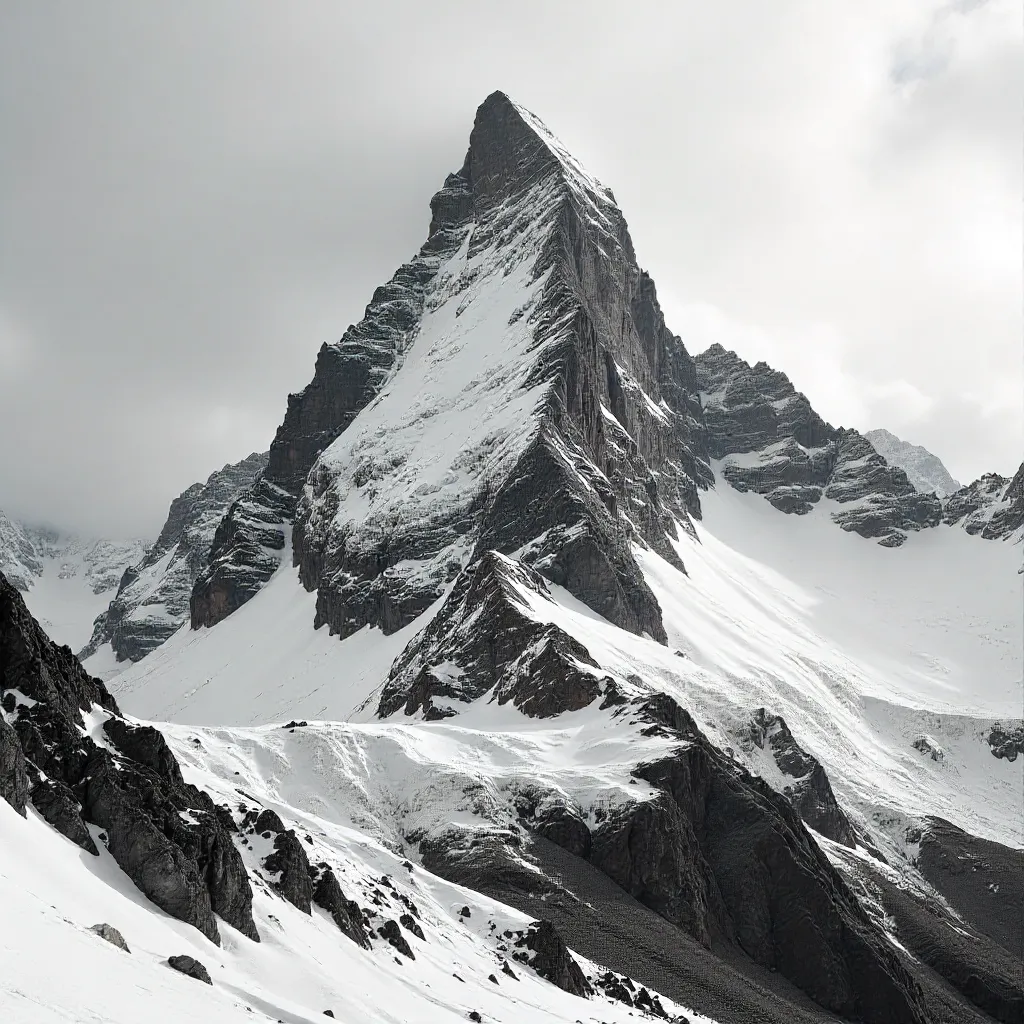 High-Contrast Monochrome Peak: Snow-Capped Summit