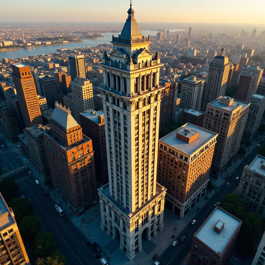 Aerial Portrait of a Classic Skyscraper in Cityscape
