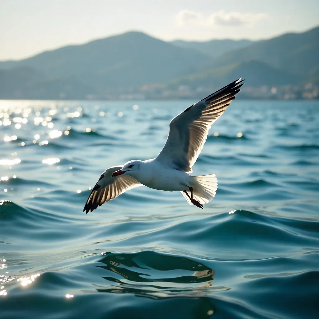 Graceful Seagull Over Rippling Blue Seas of Yalova