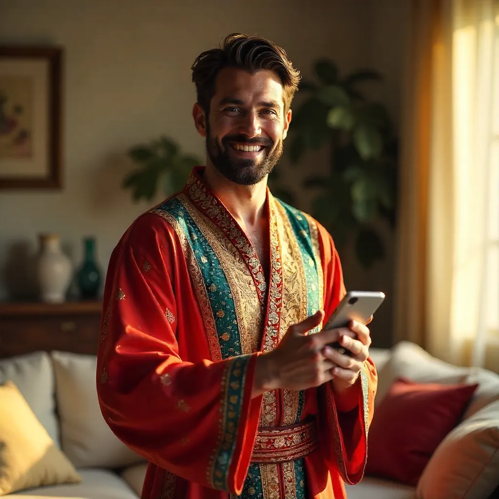 Cheerful man in traditional attire with smartphone indoors