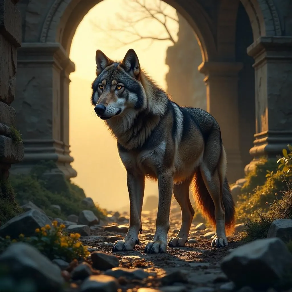 Photoreal Wolf in Ancient Ruins