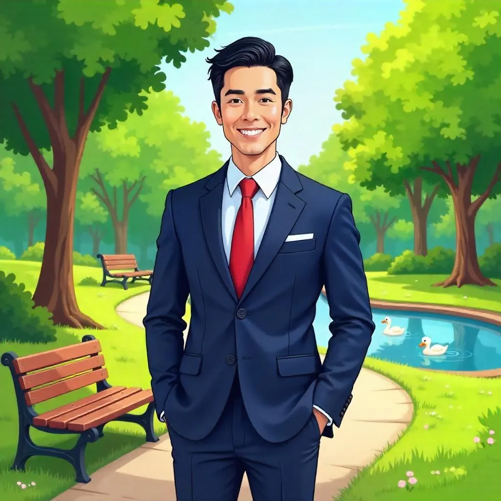 Cartoon Style: Professional Asian Man in a Park
