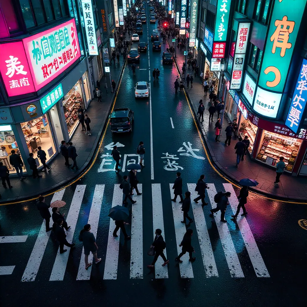 Aerial Night Crosswalk Over Tokyo’s Neon Streets