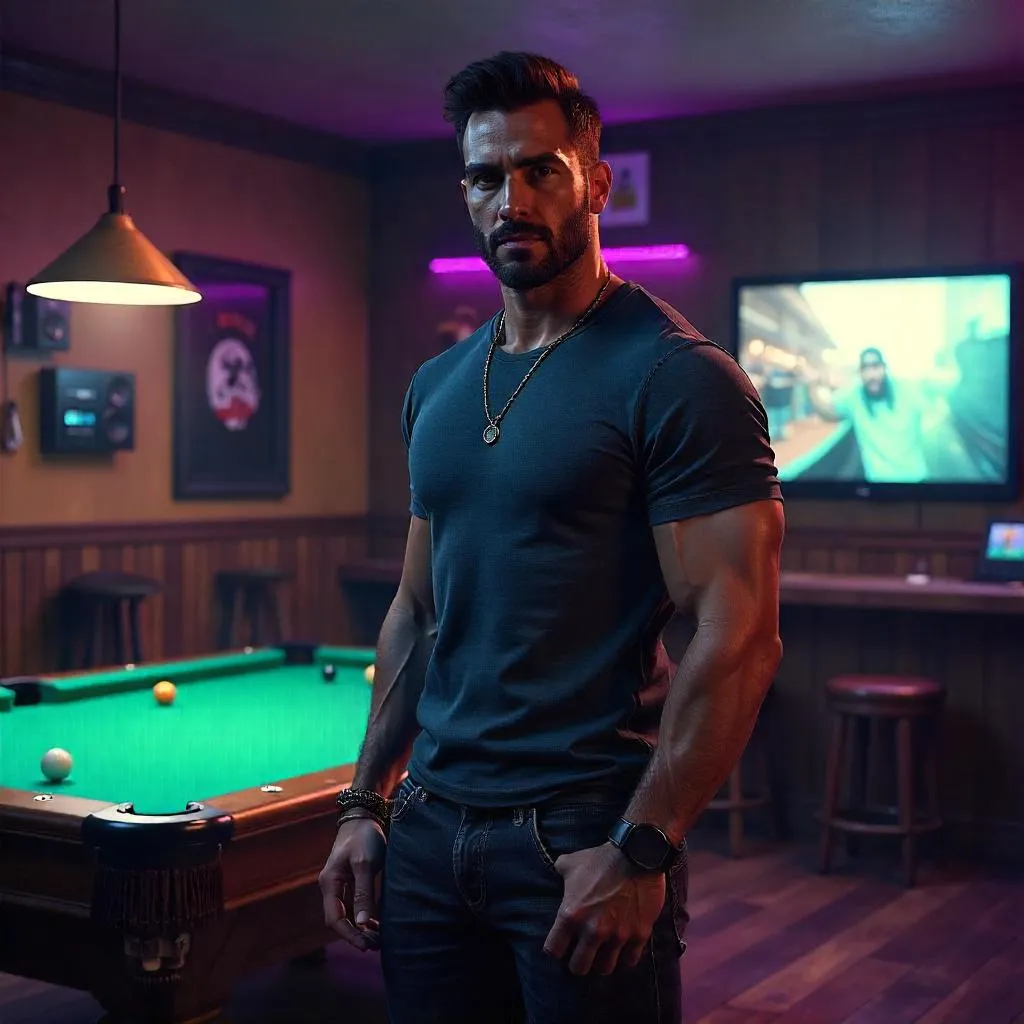 Photorealistic 3D Render: Muscular Latino Man in a Man Cave