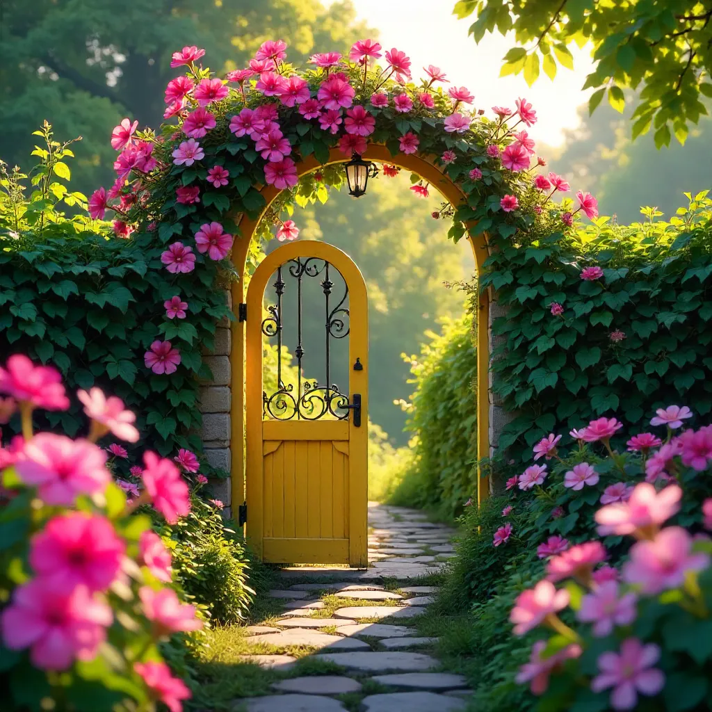 Sunlit Yellow Gate Framed by Pink Flowers
