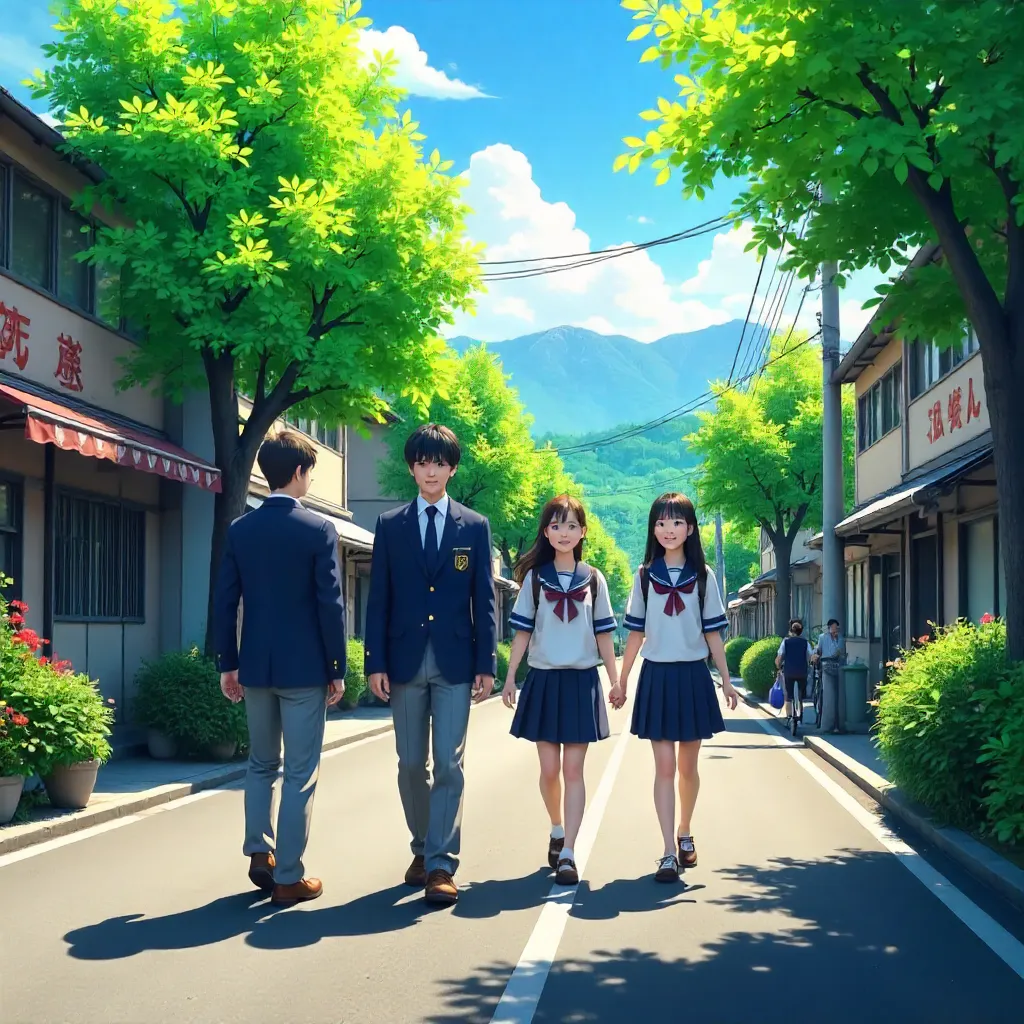 Sunlit Street with Japanese Students and Mountain Backdrop