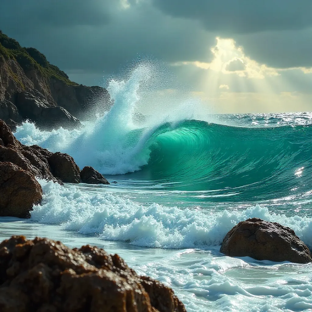 Turquoise Waves Against Rugged Sea Rocks