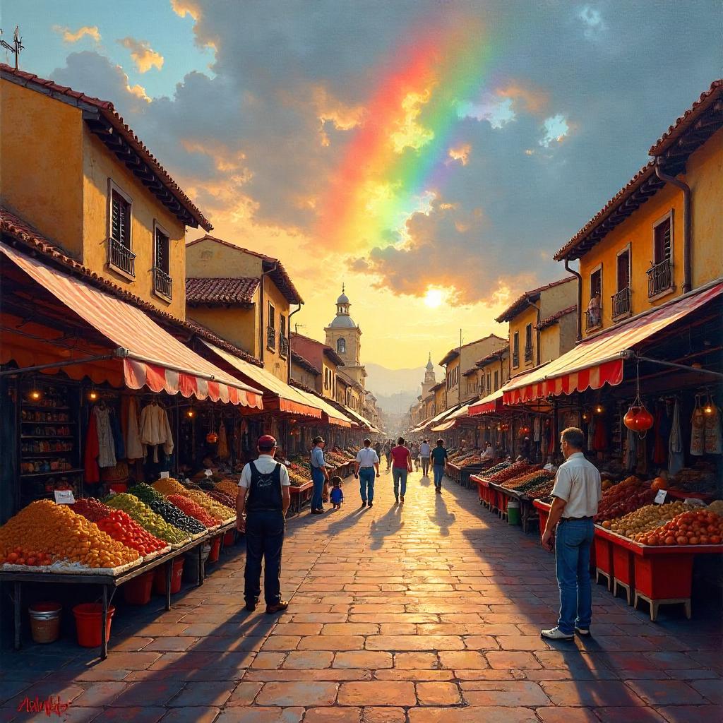 Rainbow Over the Market: An Oil Painting