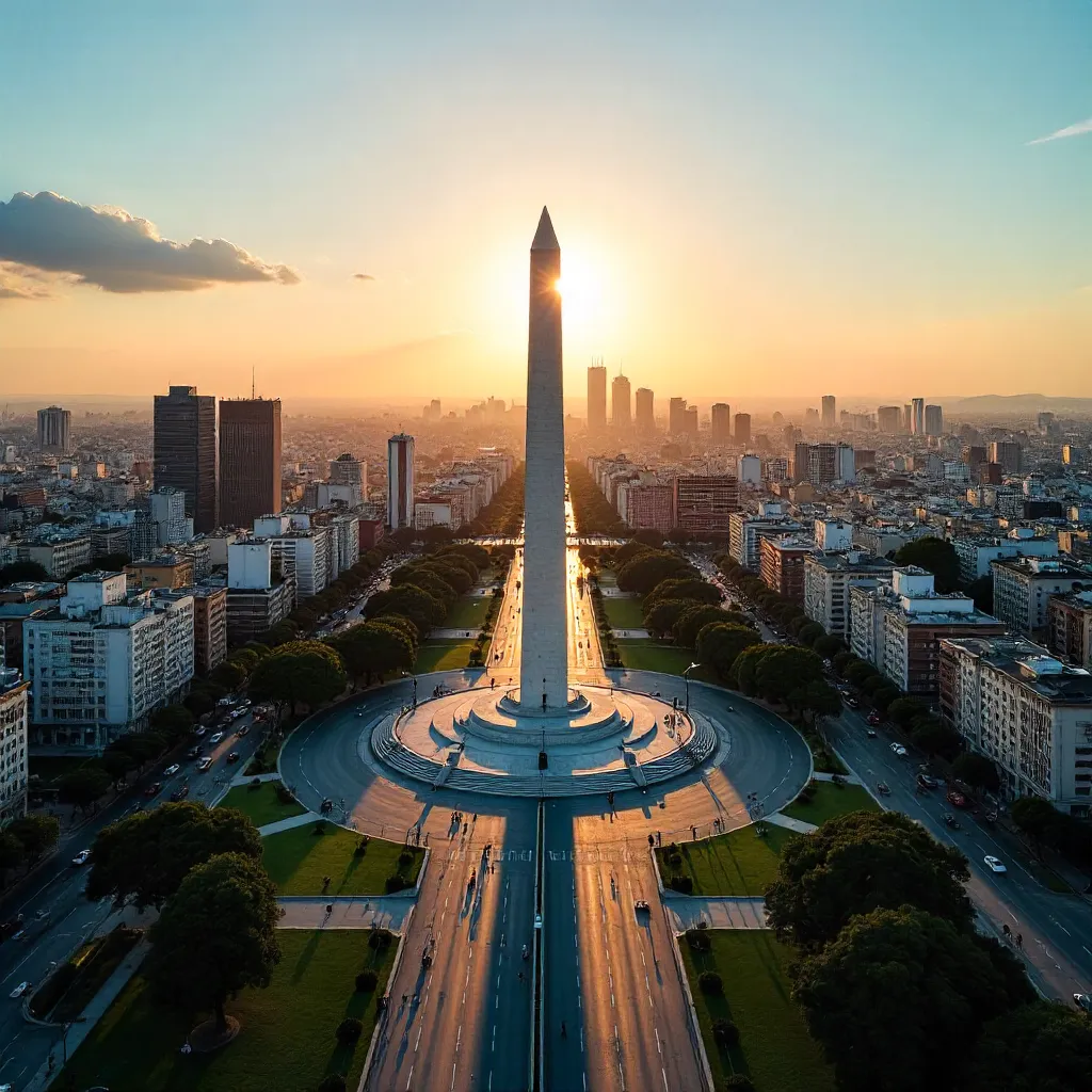 Aerial Centered Obelisk Over Buenos Aires Skyline