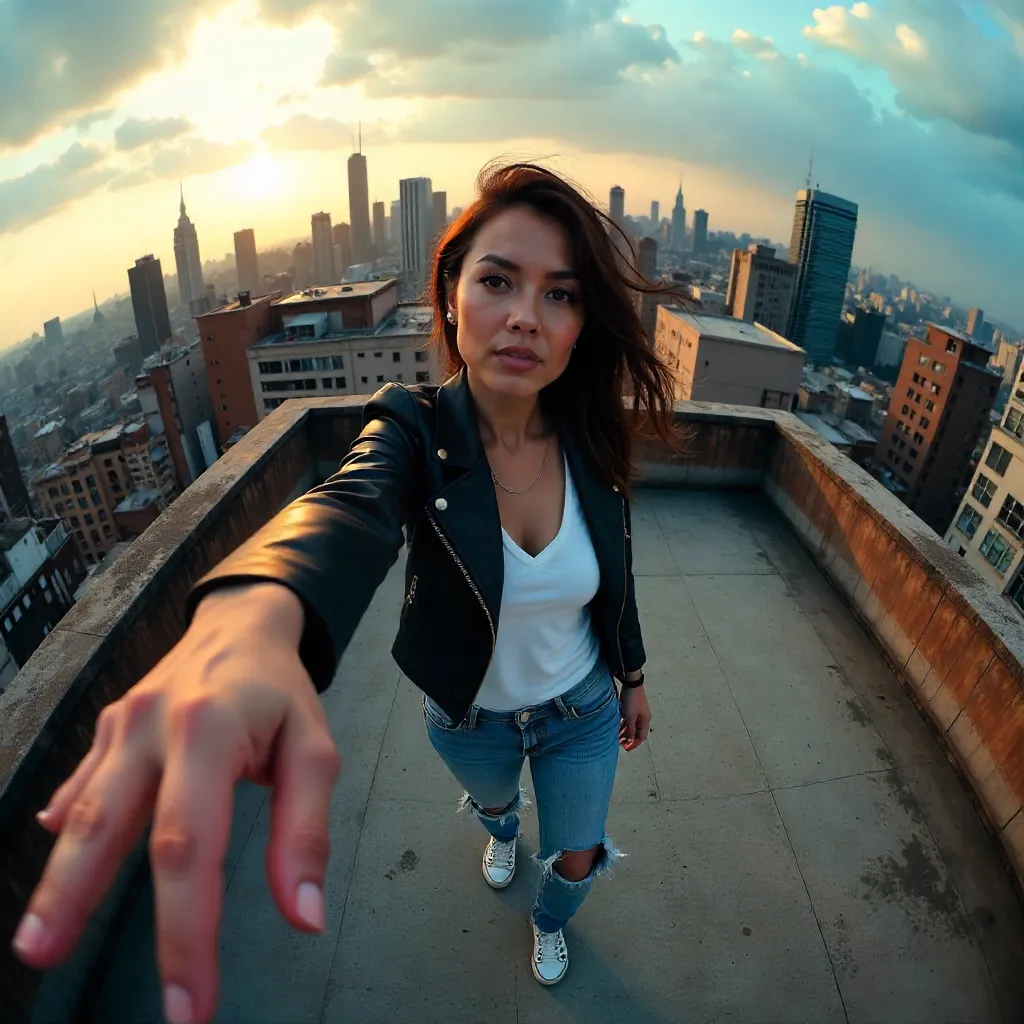 Fisheye Rooftop Reach: Urban Portrait in Perspective