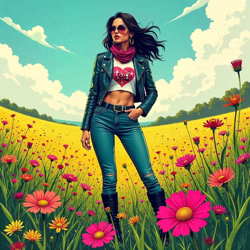 Stylish Latina Heroine in a Field of Flowers