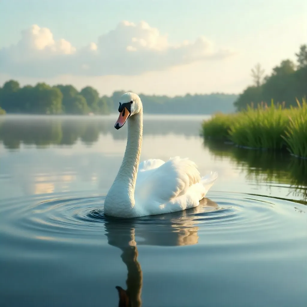 Serene White Swan on a Mirror-Like Lake