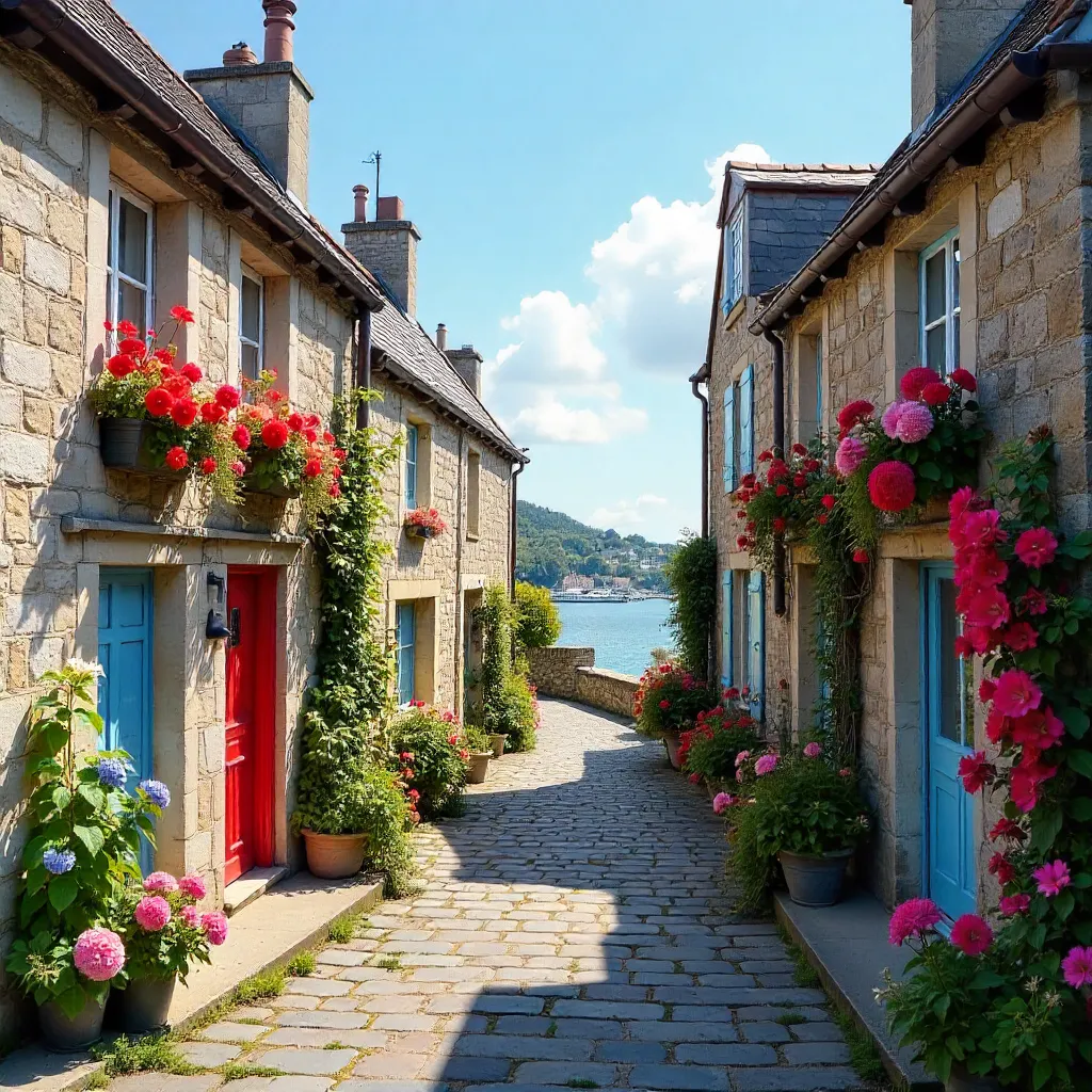 Stone Houses on Hoëdic with Hollyhocks and Hydrangeas