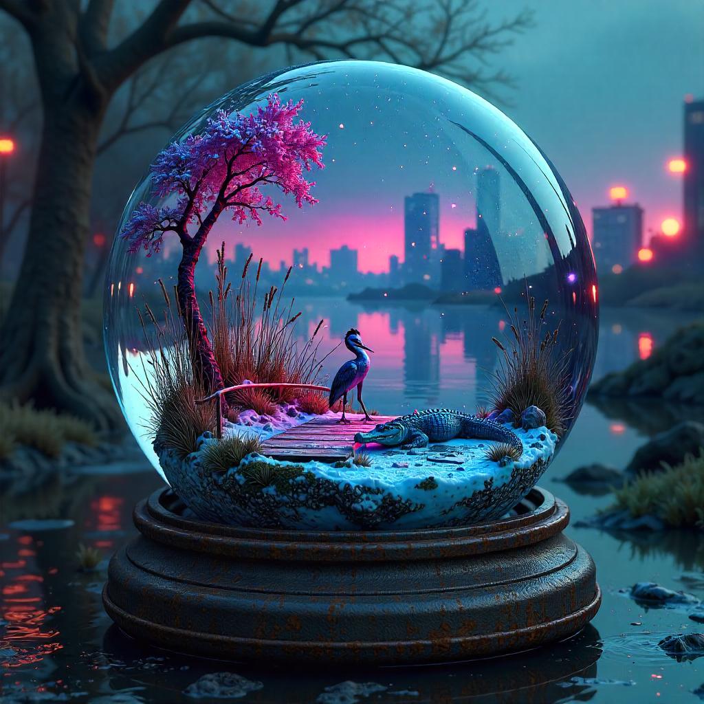 Neon Marsh Snow Globe: Cyberpunk Miniature