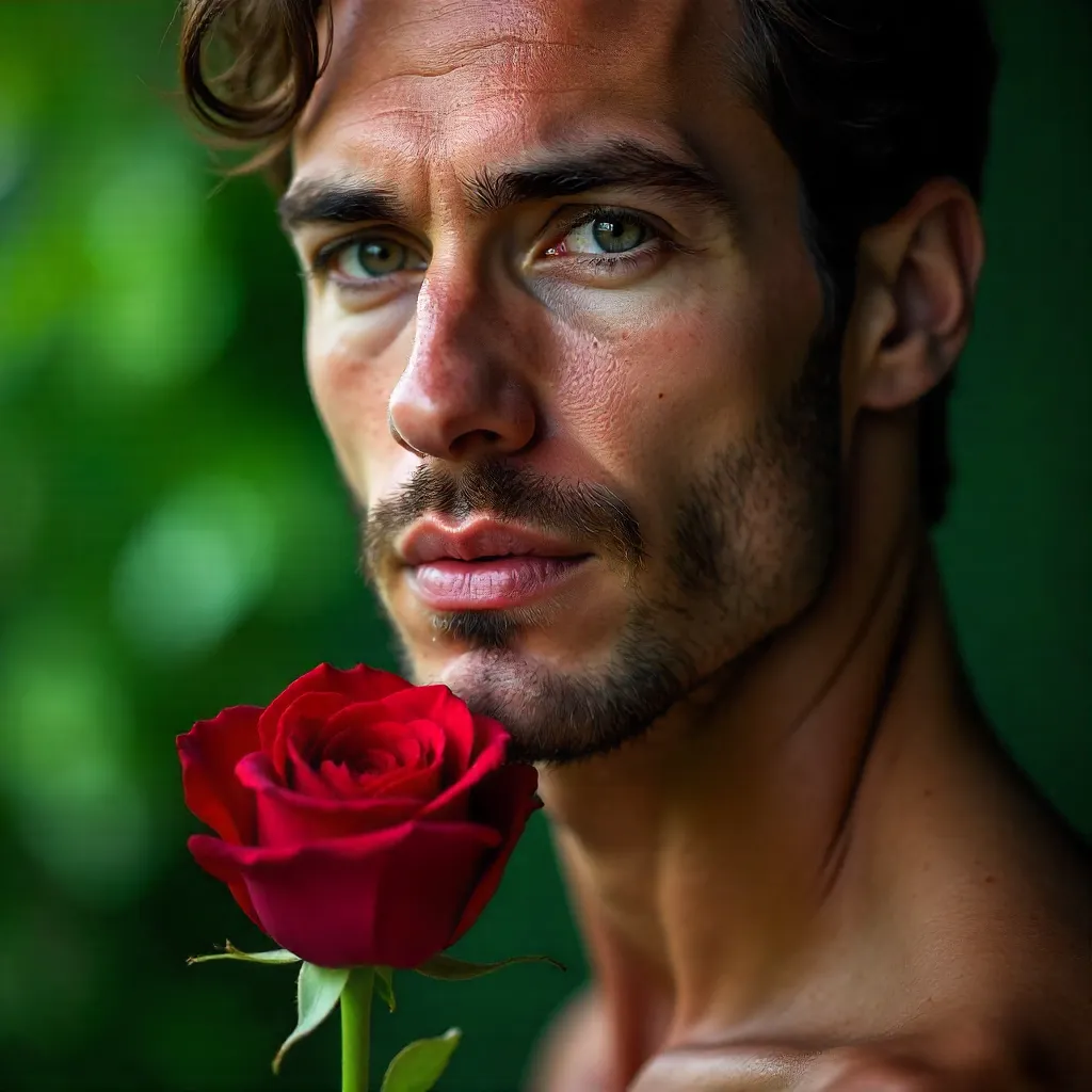 Close-Up Portrait: Man with a Red Rose Before Green Backdrop