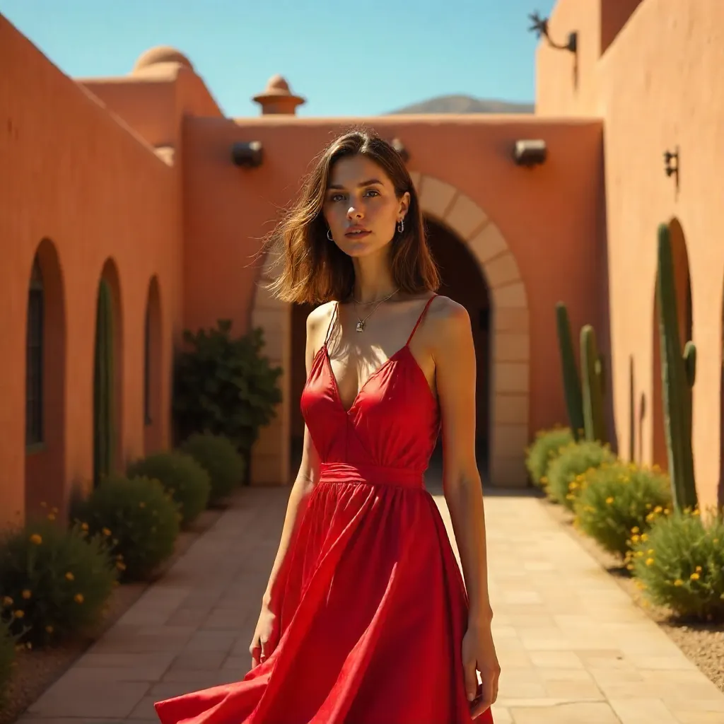 Red-Dressed Portrait in Mexican Architecture