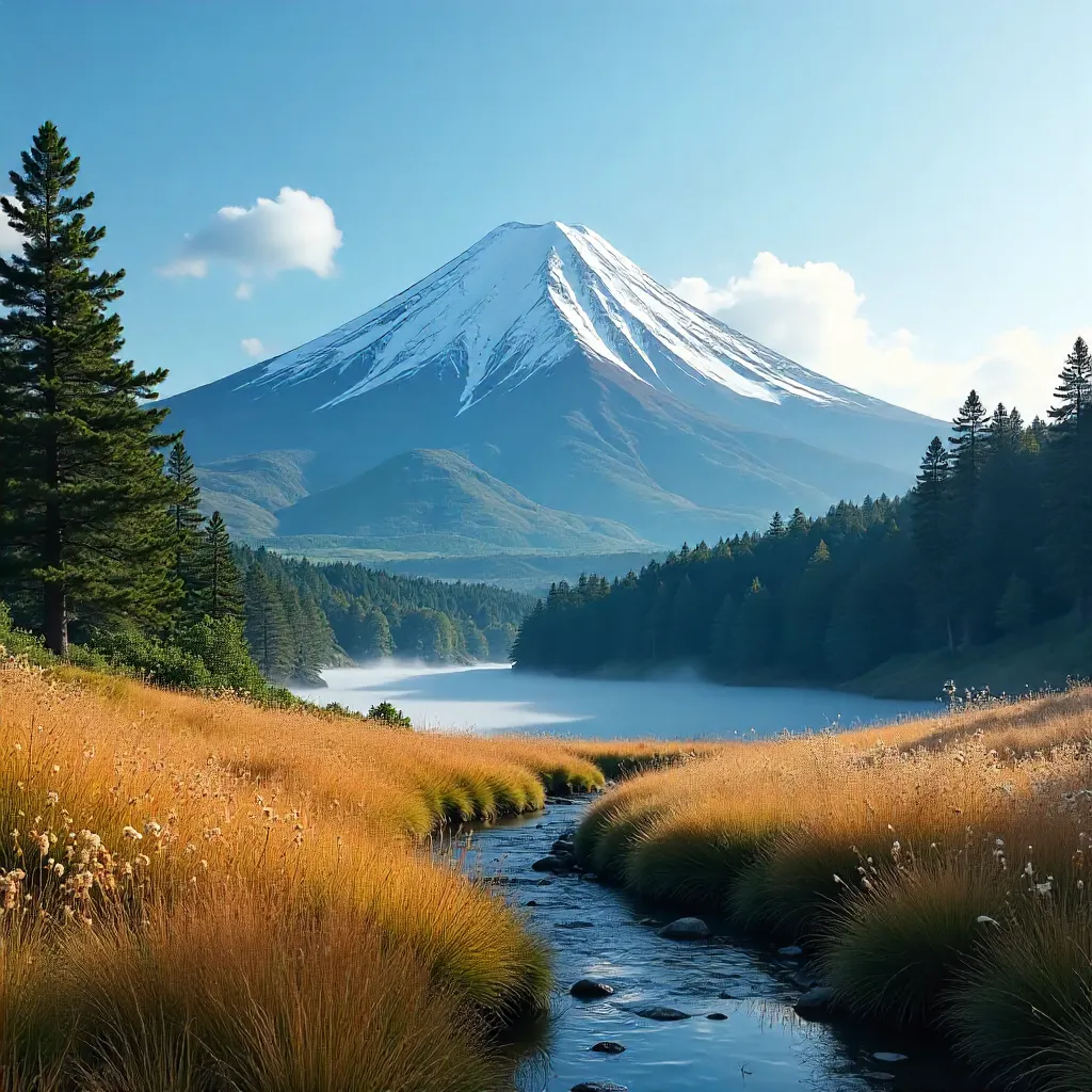 Snow-Capped Fuji Over Foreground Grass and Pines