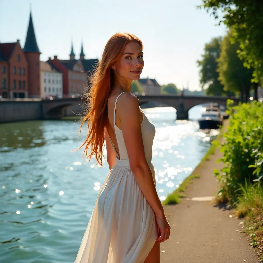 Sunlit Red-Haired Beauty by Lille Riverfront