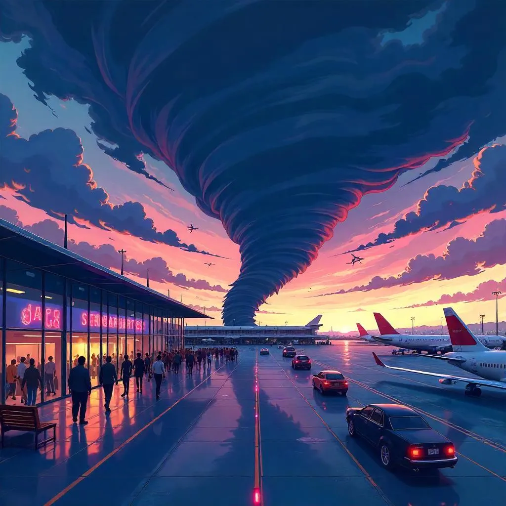 Anime-Style Tornado Roaring Through a Busy Airport