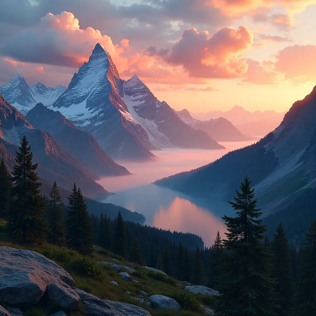 Sunset Vista: Misty Alpine Peaks at Golden Hour