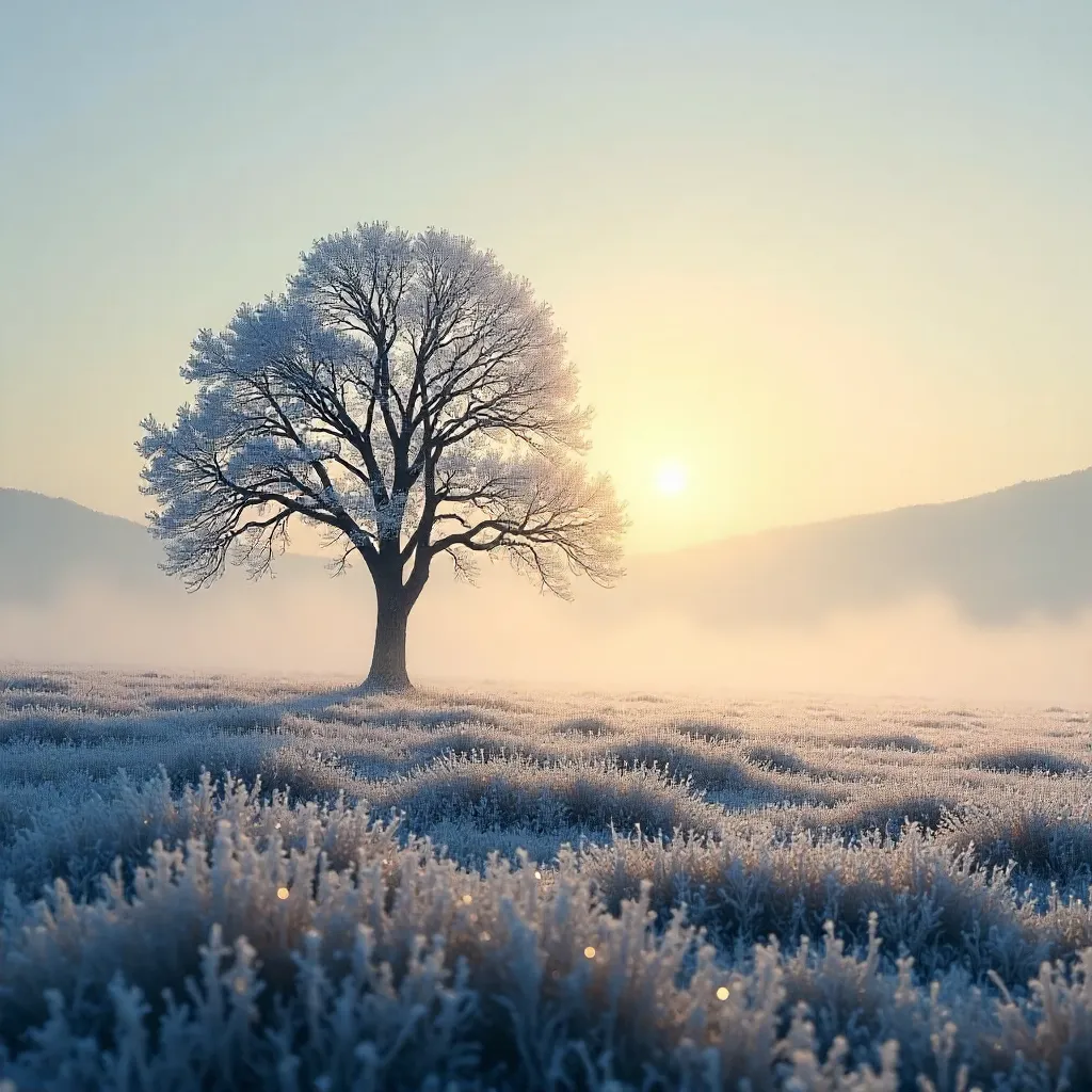 Solitary Tree in Frosty Dawn Mist