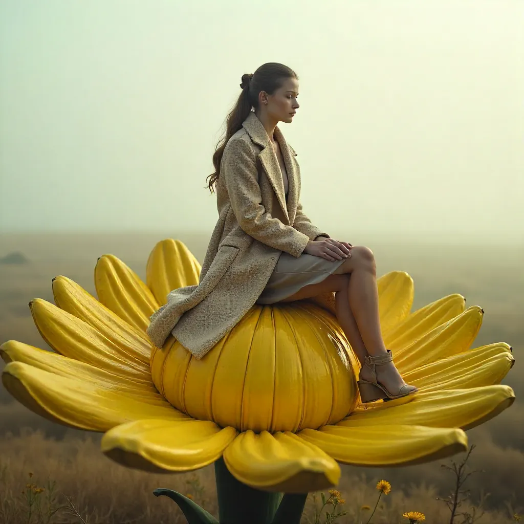 Beige-Coated Woman on Giant Yellow Flower