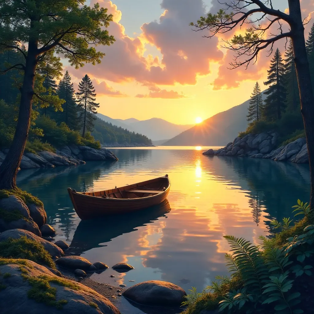 Sunset Serenity: Boat on a Lake