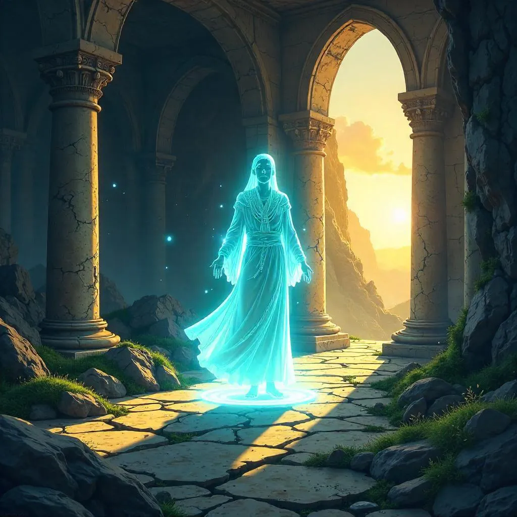 Holographic Guide in Ancient Temple Ruins