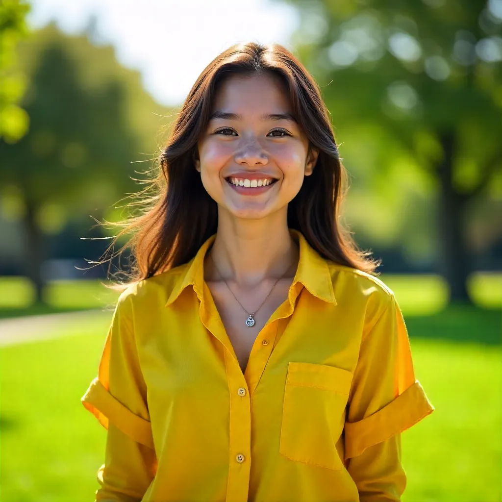 Sunny Day Smile: Woman in Yellow Shirt Outdoors