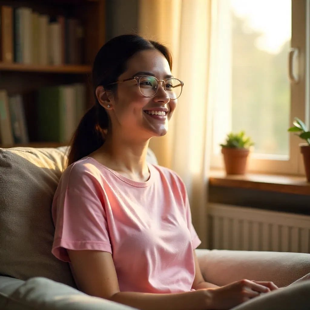 Cozy Indoor Portrait: Relaxed Woman in Pink Shirt