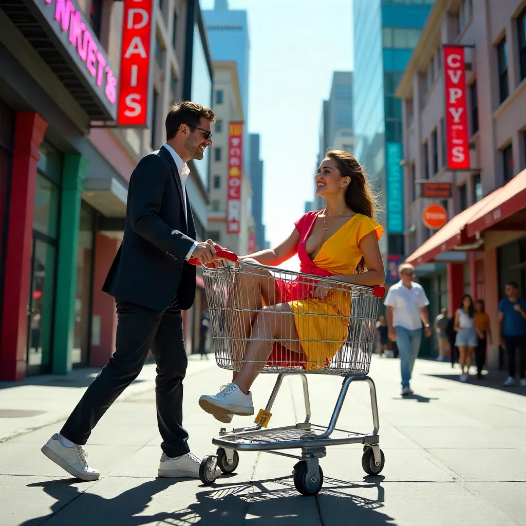 Two Stylish Adults with a Shopping Cart in Bright City