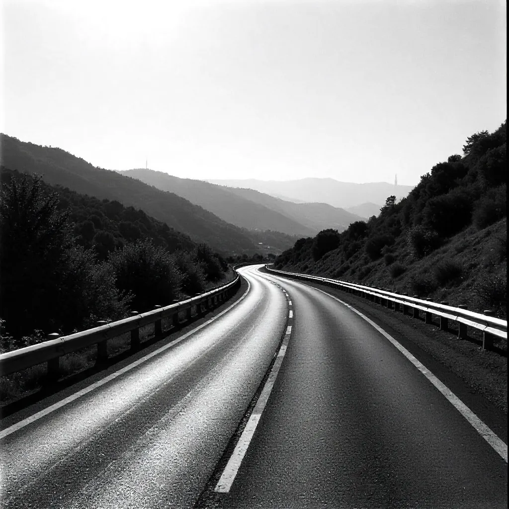 Monochrome Highway Through Galician Hills Near Santiago