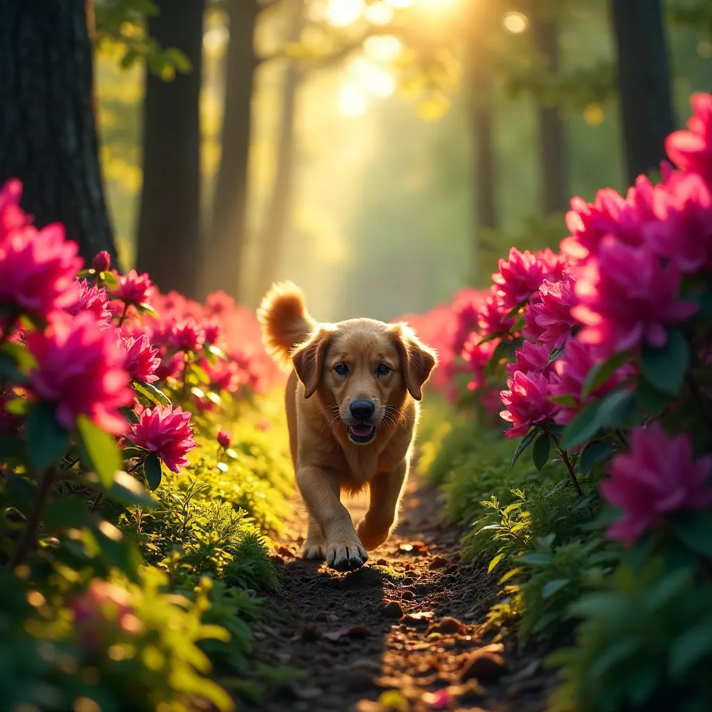 Playful Golden Retriever Amid Vibrant Forest Rhododendrons