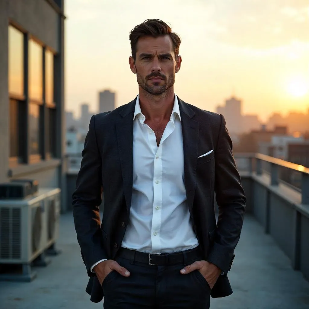 Confident White Man on a Rooftop - Photorealistic