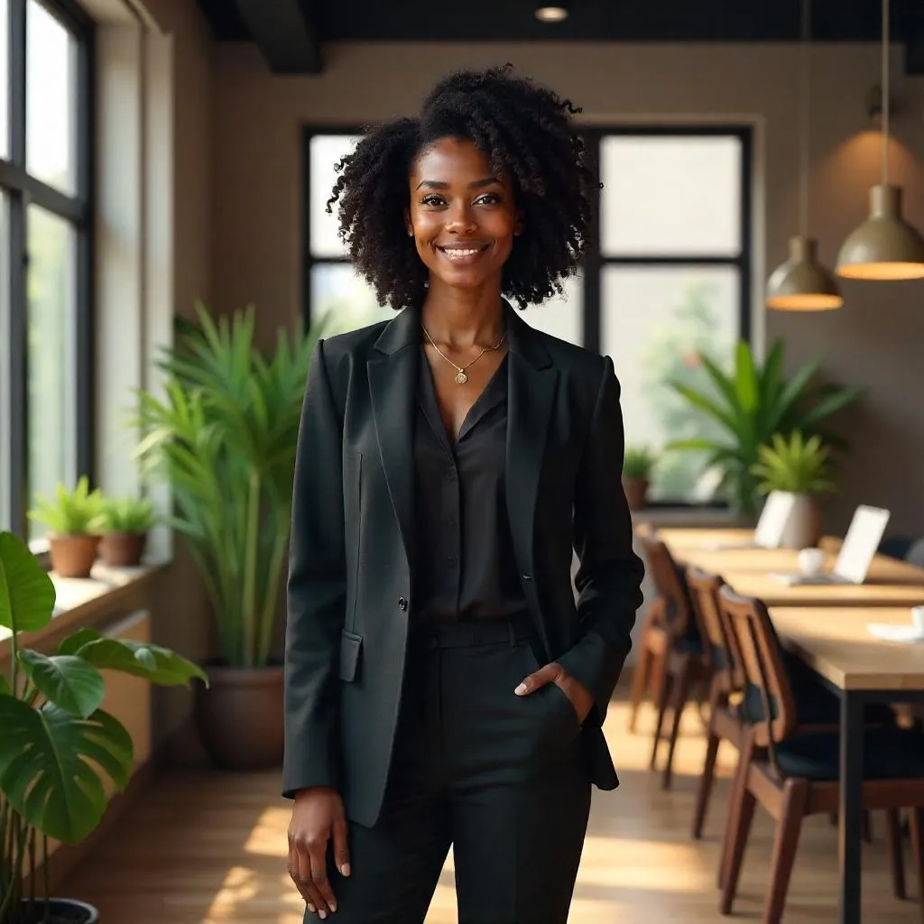 Confident Black Woman 3D Render in a Modern Coworking Space