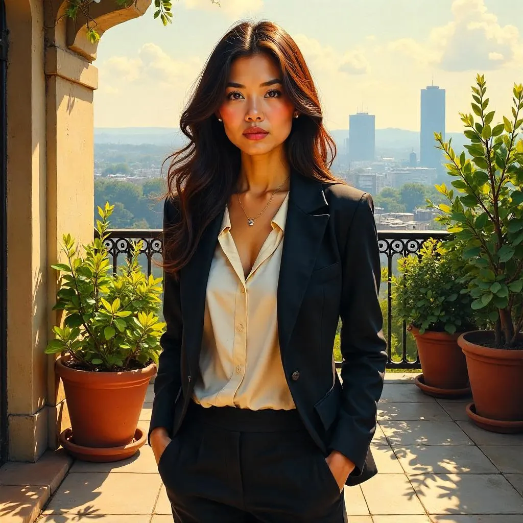 Confident Asian Woman Portrait on a Terrace, Oil Painting
