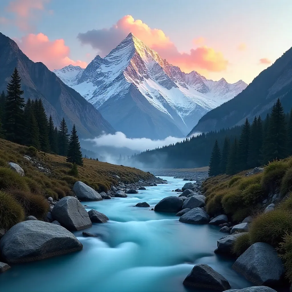 Alpenglow over Snow-Capped Himalayas and River
