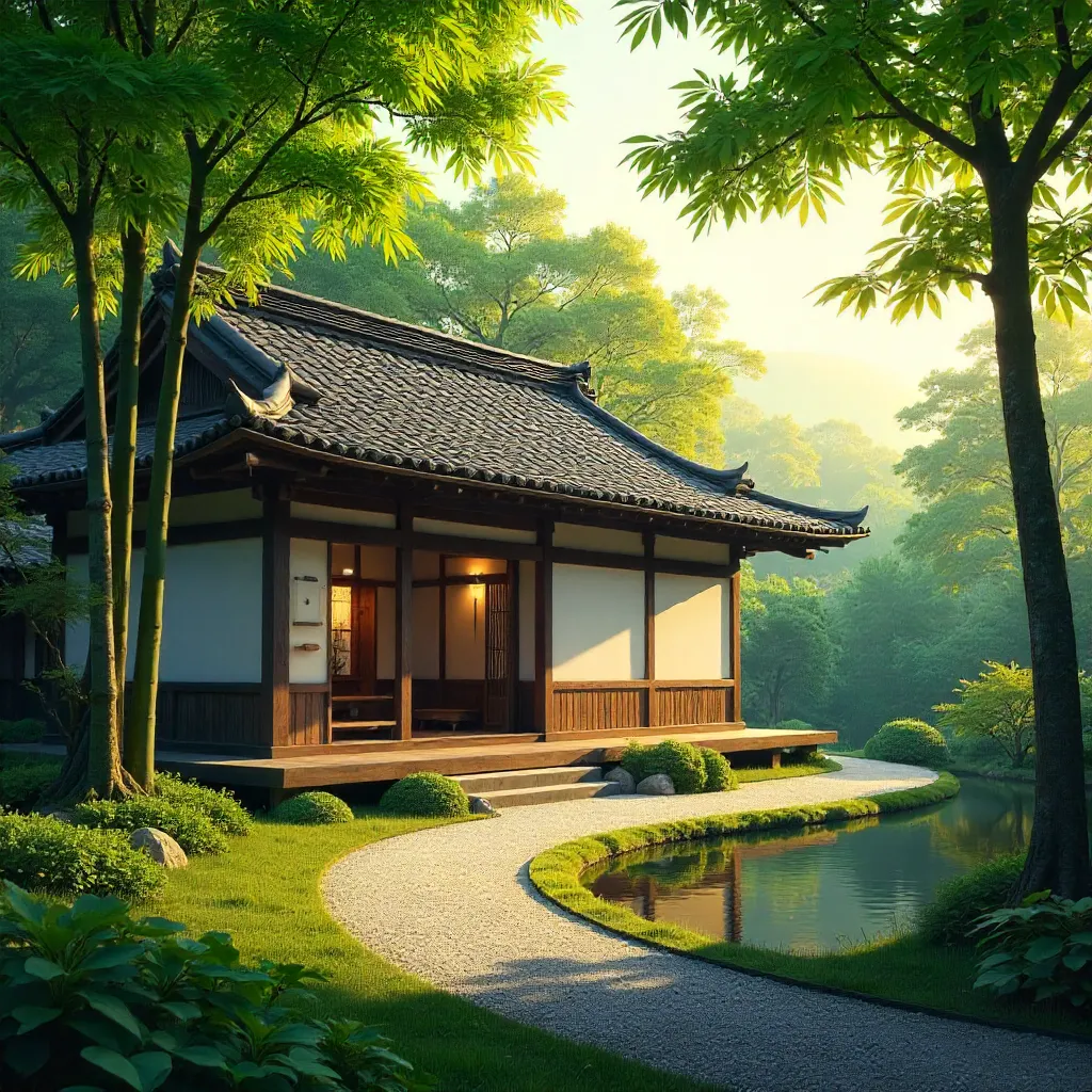 Sunlight Filtering Through Lush Trees on a Japanese Tea House