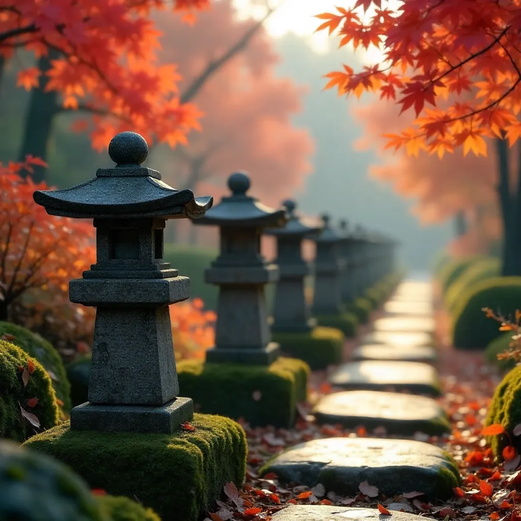 Row of Japanese Stone Lanterns in Autumn Serenity