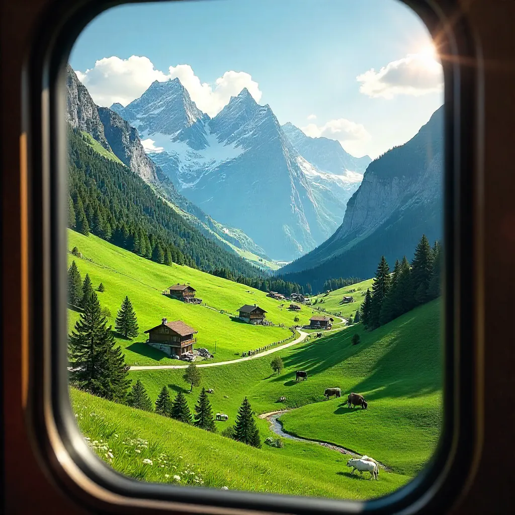 Alpine Valley View from a Swiss Train Window