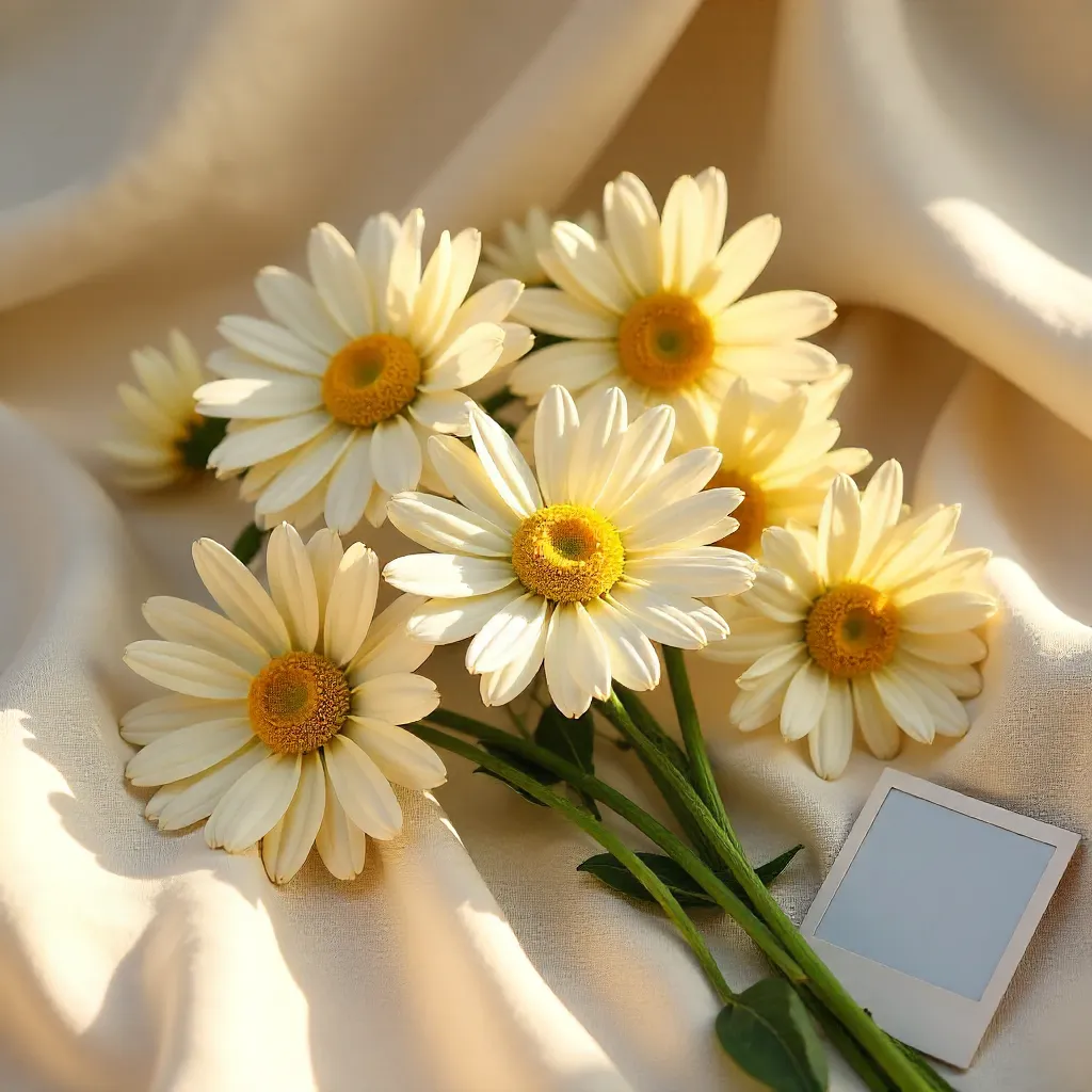 Chic Yellow and White Daisies with Polaroids on Soft Fabric
