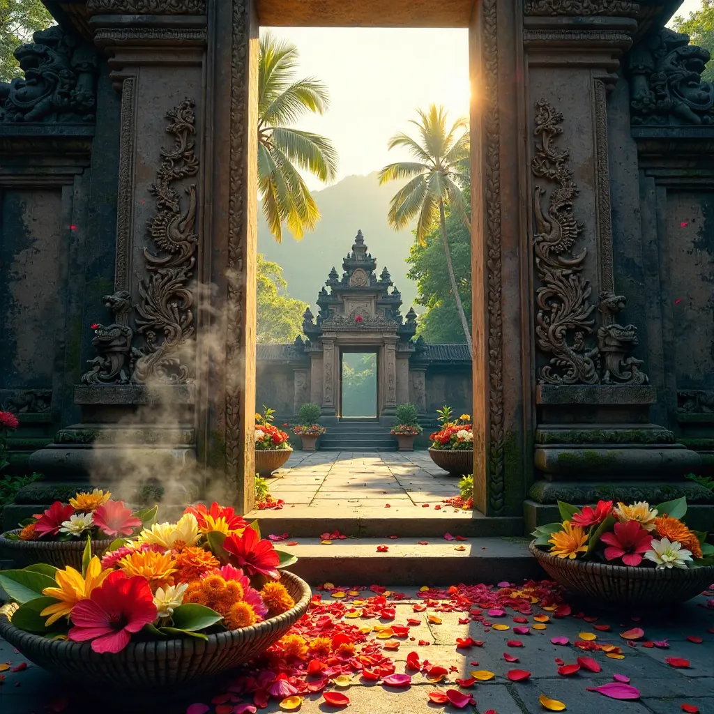 Intricate Balinese Temple Gate with Floral Offerings