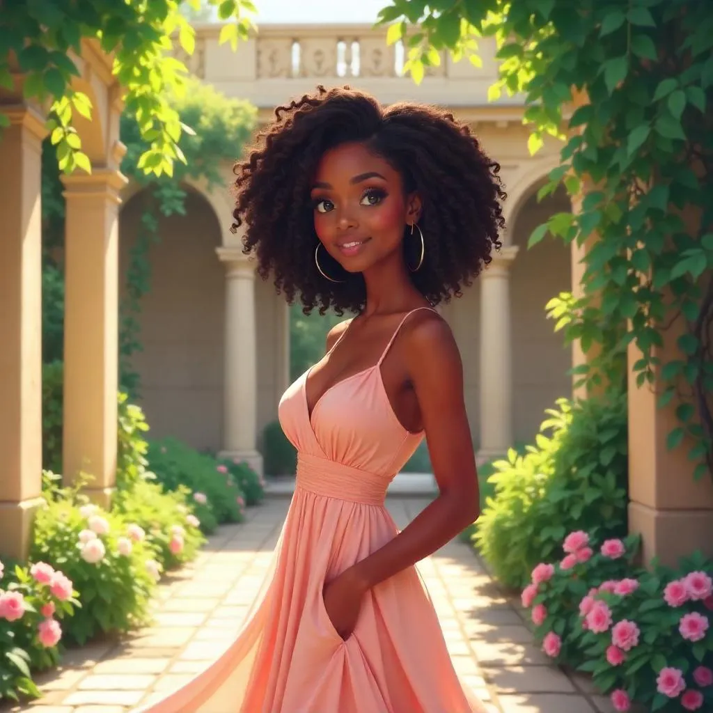 Beautiful Black Woman in an Anime Courtyard