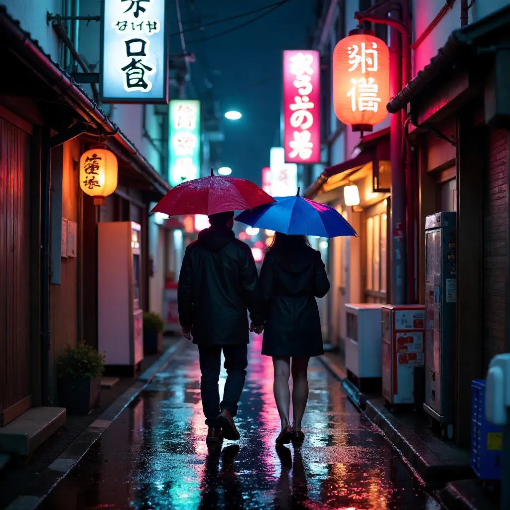 Neon Alley Rendezvous: Rainy Tokyo Night Walk