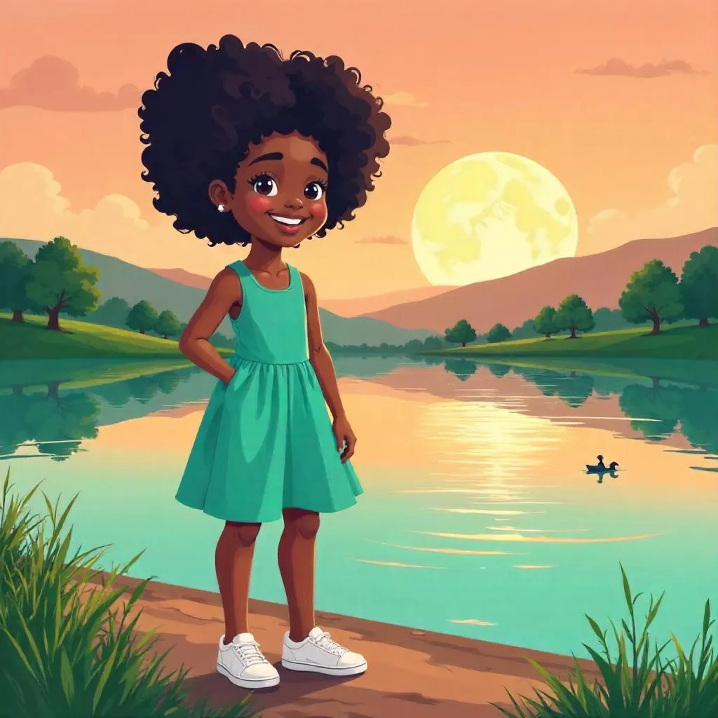 Young Black Woman by a Lake — Cartoon Style
