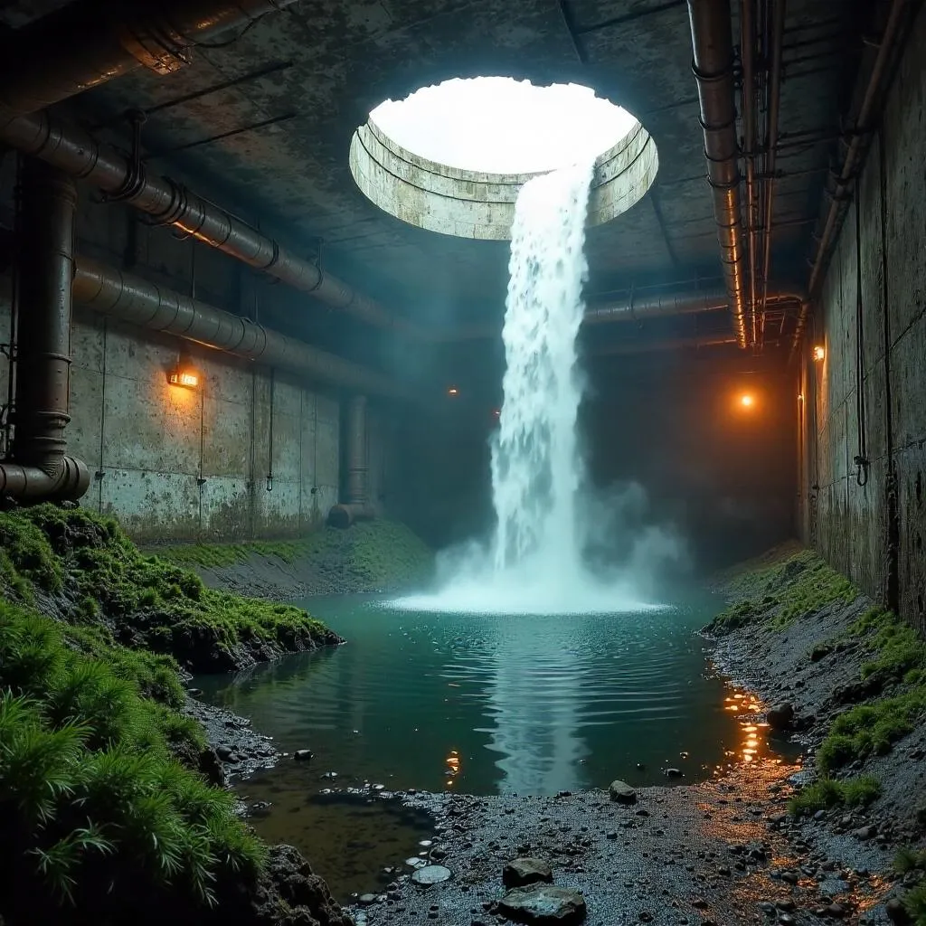 Photorealistic Waterfall Inside a Concrete Bunker