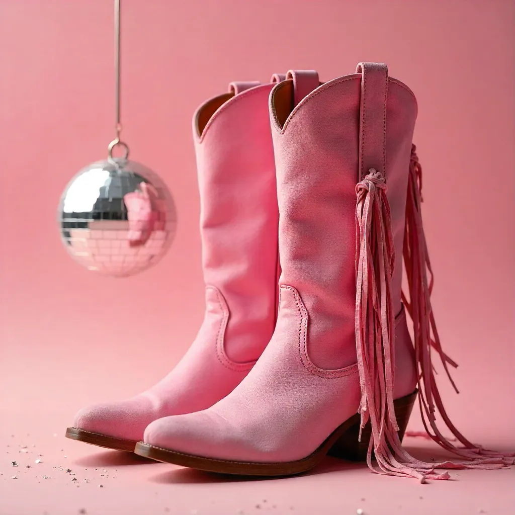 Pastel Pink Fringe Cowboy Boots with Disco Ball