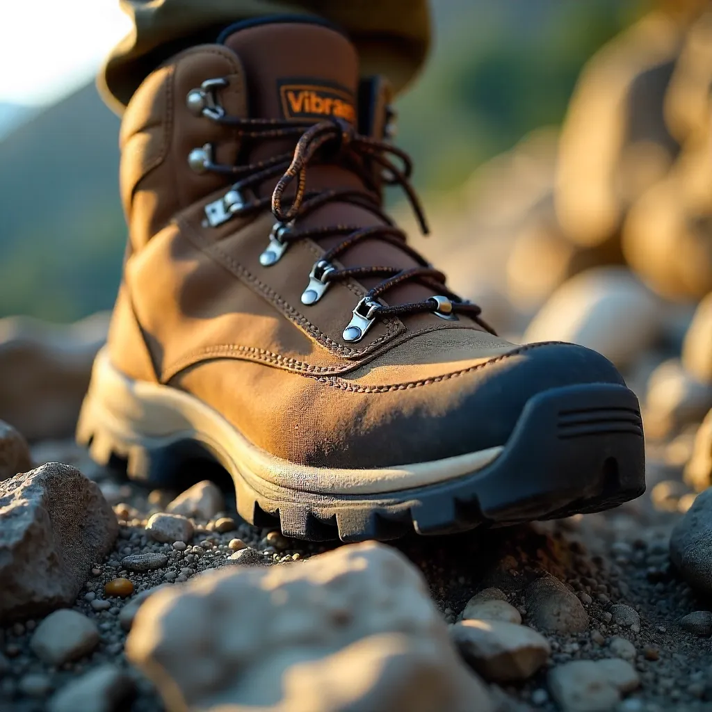 Close-Up: Durable Hiking Boots on Jagged Rocks