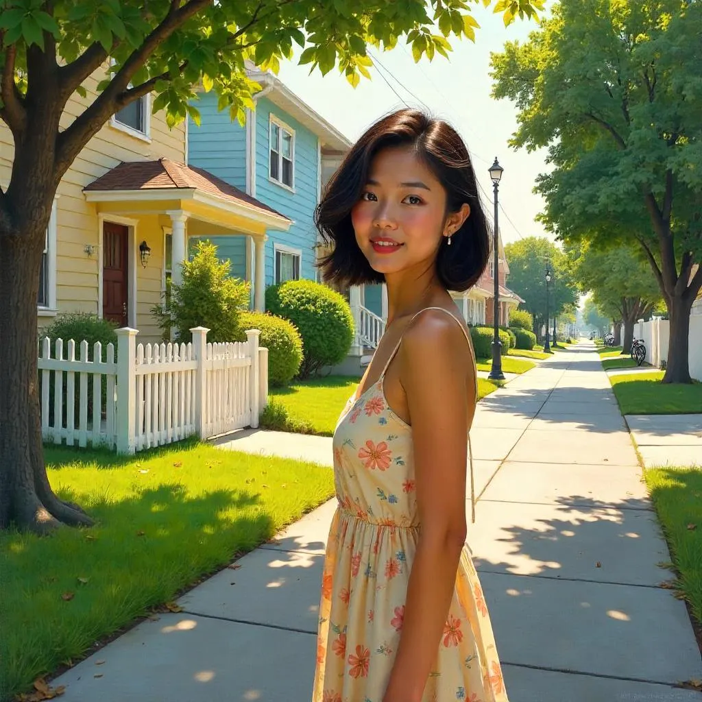 Oil Portrait of a Beautiful Asian Woman in Suburban Street