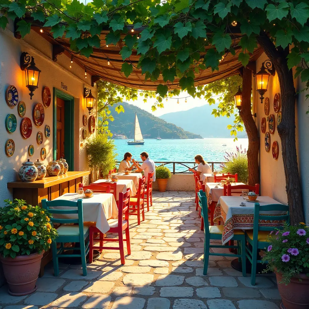 Sunlit Bozcaada Café Under Grapevine Canopy